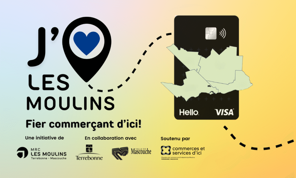 Carte Hello, j'aime les Moulins. Fier commerçant d'ici. Une initiative de la MRC Les Moulins. En collaboration avec Terrebonne et Mascouche. Soutenu par Commerces et services d'ici.