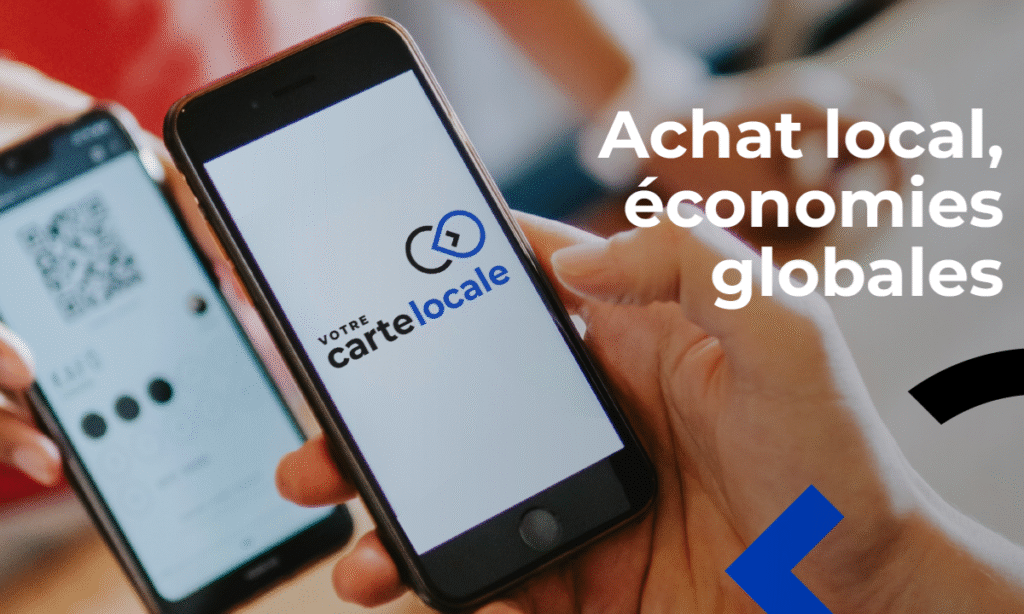 Un téléphone présente la carte locale. Achat local, économies globales.